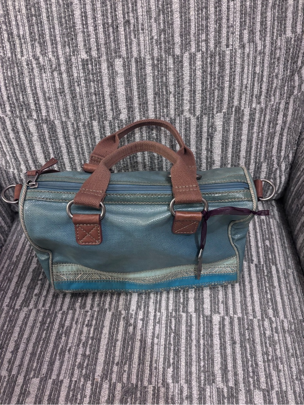 Fossil Teal Key-Per Satchel in Coated Canvas